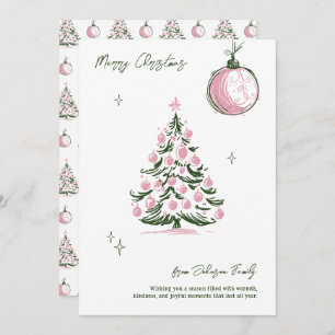 Whimsical Hand Drawn Pink & Green Christmas Tree Holiday Card