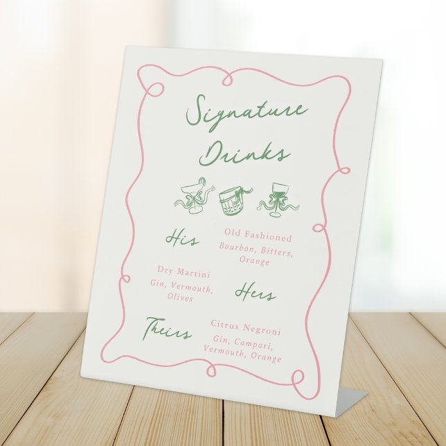 Whimsical Hand Drawn Pink & Green Signature Drinks Pedestal Sign (Creator Uploaded)