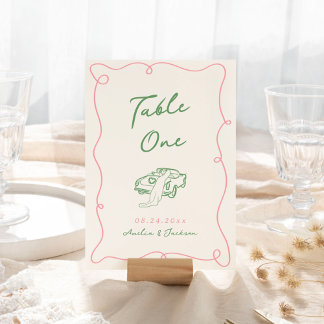 Whimsical Hand Drawn Pink & Green Table Number