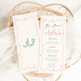 Whimsical Hand Drawn Pink & Green Wedding Menu