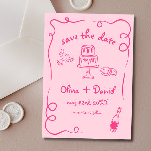 Whimsical Hand Drawn Pink Quirky Wedding French Save The Date