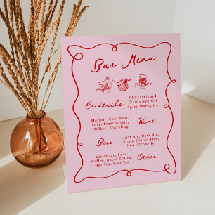 Whimsical Hand Drawn Pink & Red Bar Menu Pedestal Sign