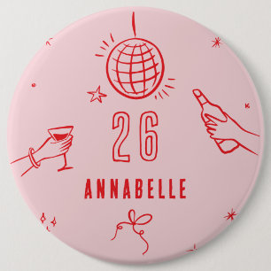 whimsical hand drawn pink red birthday drinks 6 inch round button