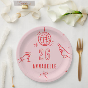 whimsical hand drawn pink red birthday drinks paper plate