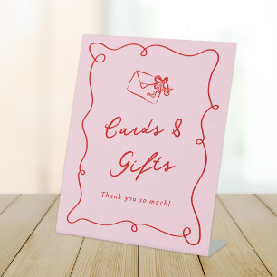 Whimsical Hand Drawn Pink & Red Cards & Gifts Pedestal Sign