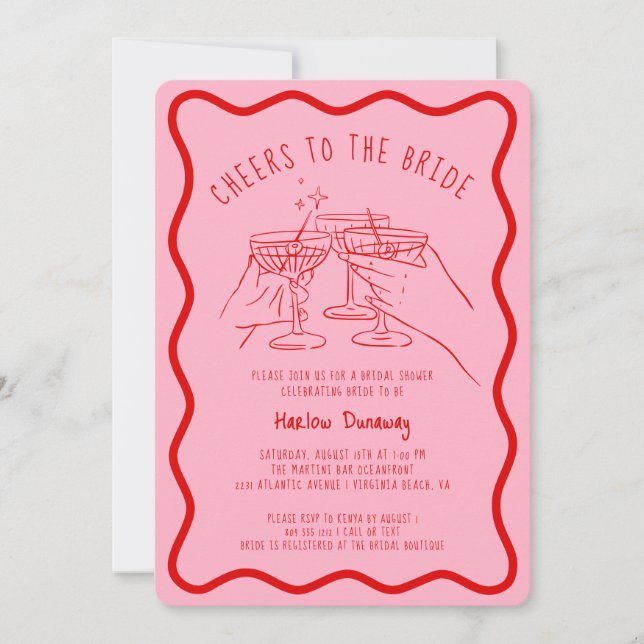 Whimsical Hand Drawn Pink Red Cheers to the Bride  Invitation (Front)
