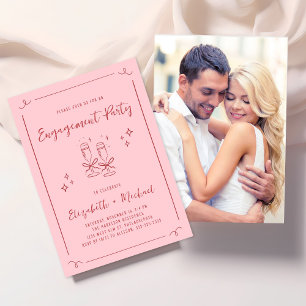 Whimsical Hand Drawn Pink Red Engagement Party Invitation