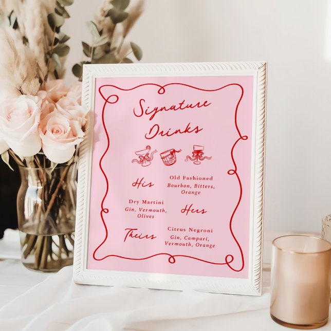 Whimsical Hand Drawn Pink & Red Signature Drinks Poster (Creator Uploaded)