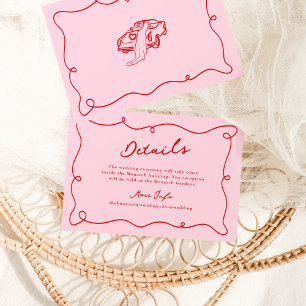 Whimsical Hand Drawn Pink & Red Wedding Details Invitation