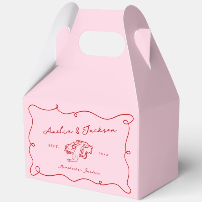 Whimsical Hand Drawn Pink & Red Wedding Favor Box (Front)
