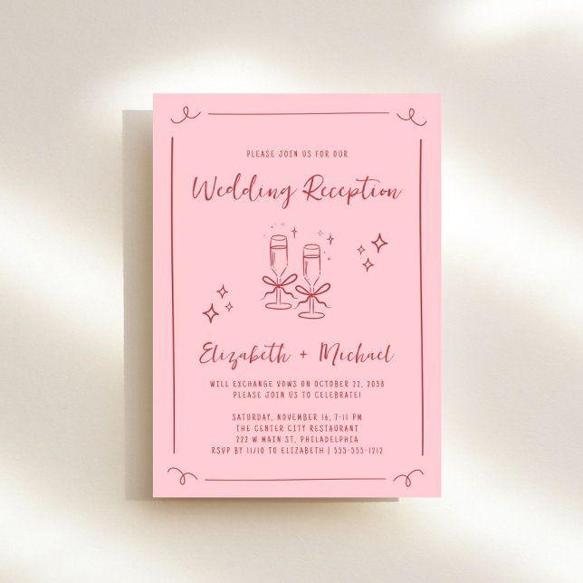 Whimsical Hand Drawn Pink Red Wedding Reception Invitation (Whimsical pink + red wedding reception invitation to set the tone for an unforgettable event)