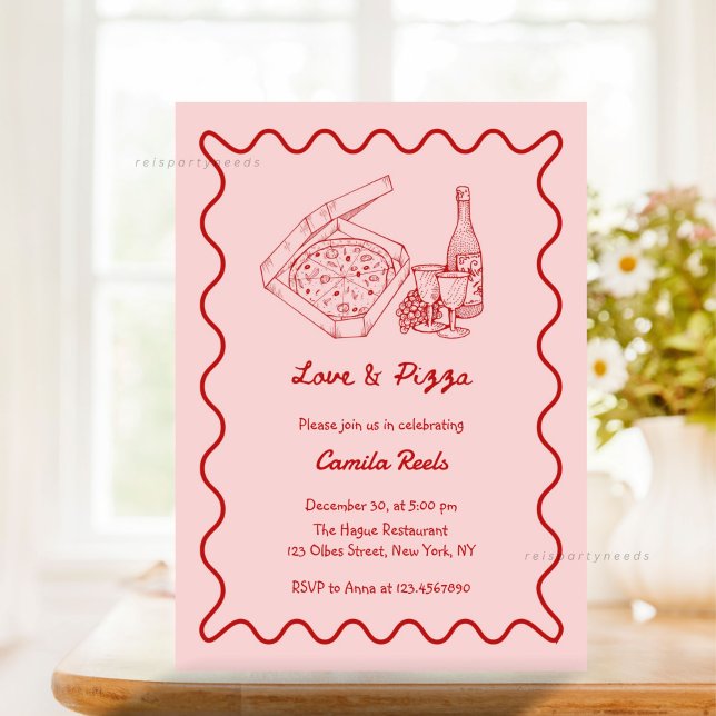 Whimsical Hand Drawn Pizza & Wine Bridal Shower Invitation (whimsical, hand drawn, hand written, hand illustrated, bridal shower invitation, pizza bridal shower)