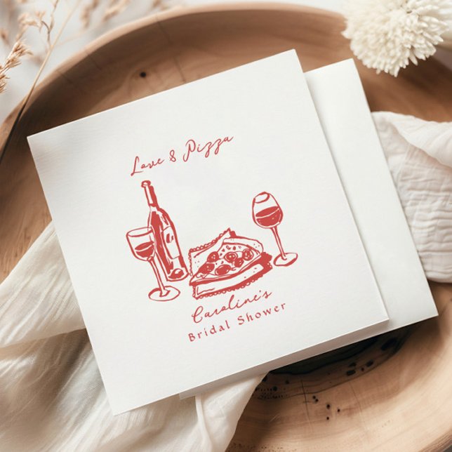 Whimsical Hand Drawn Pizza Wine Bridal Shower Napkin (Creator Uploaded)