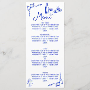Whimsical Hand Drawn Pizza & Wine French Blue Menu