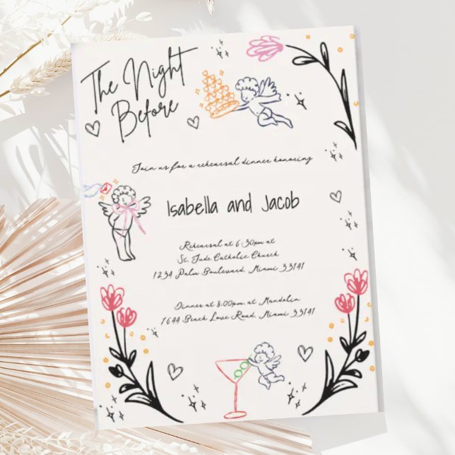 Whimsical Hand Drawn Quirky Cupid Rehearsal Dinner Invitation (Creator Uploaded)