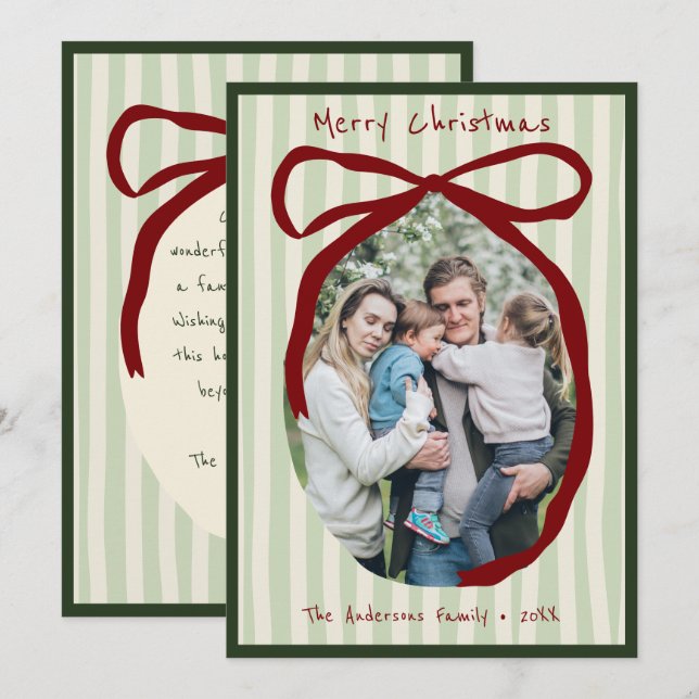 Whimsical Hand Drawn Quirky Red Wavy Ribbon Photo Holiday Card (Front/Back)