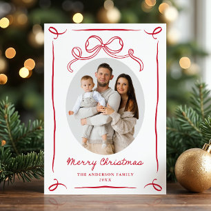Whimsical Hand-Drawn Red Bow Christmas 2 Photo Holiday Card