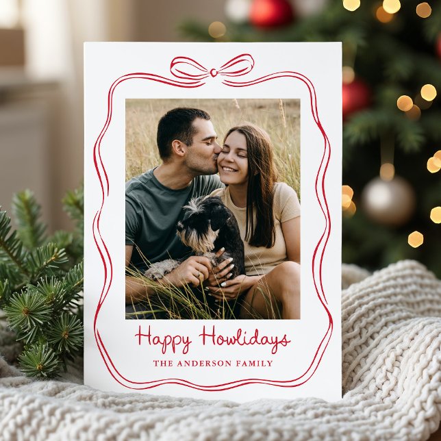 Whimsical Hand-Drawn Red Bow Happy Howlidays Photo Holiday Card (Creator Uploaded)