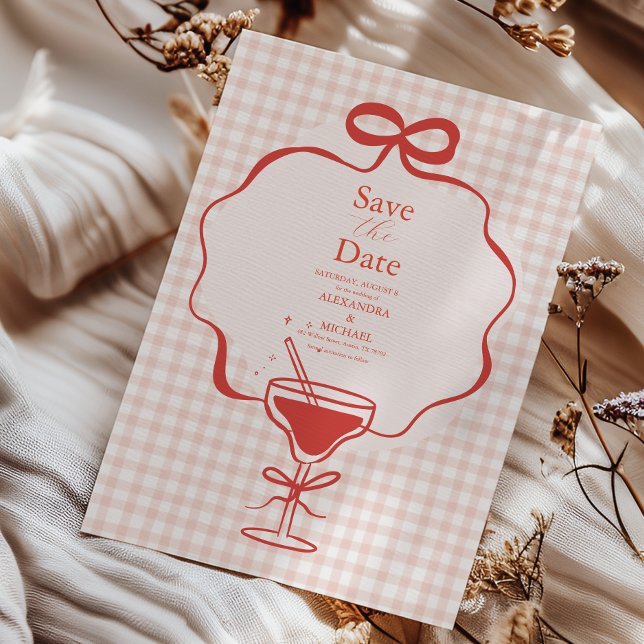 Whimsical Hand Drawn Red Bow Wavy Wedding Save The Date (Creator Uploaded)