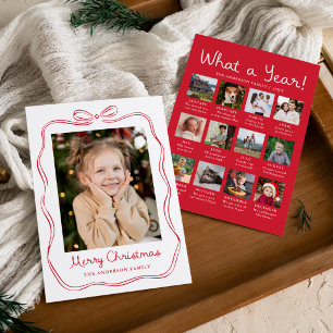 Whimsical Hand-Drawn Red Bow Year in Review Photo Holiday Card