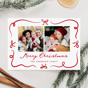 Whimsical Hand-Drawn Red Bows 2 Photo Christmas Holiday Card