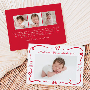 Whimsical Hand-Drawn Red Bows 4 Photo Birth Announcement