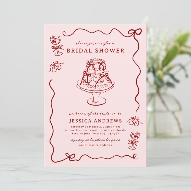 Whimsical Hand Drawn Red Cherries & Bows Invitation (Standing Front)