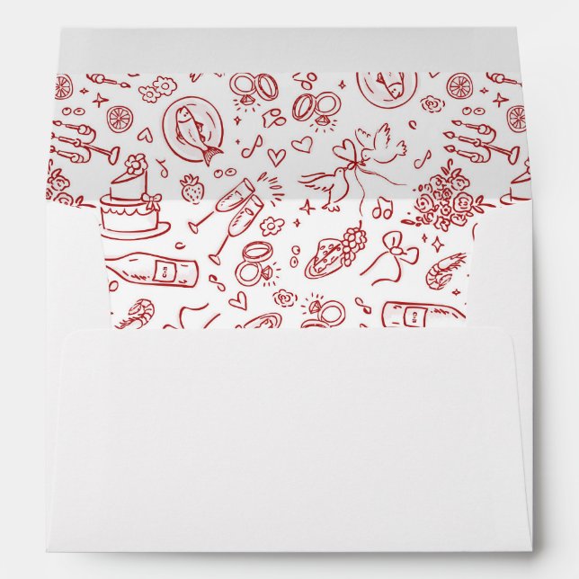 Whimsical Hand Drawn Red Illustrations Wedding Envelope (Back (Bottom))