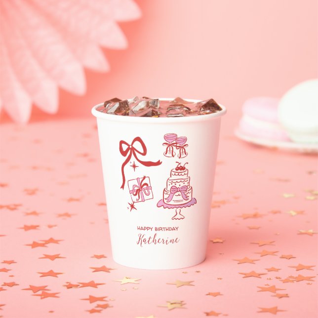 Whimsical Hand Drawn Red Pink Birthday Party Paper Cups (Insitu)