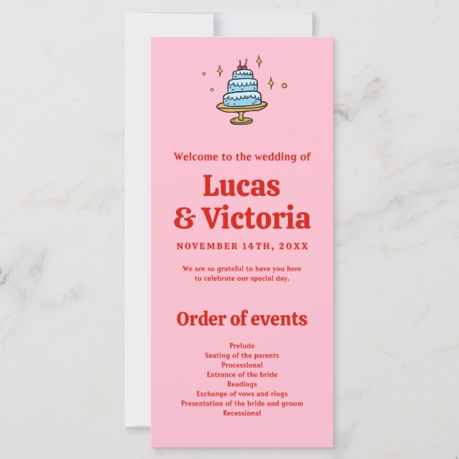 Whimsical Hand Drawn Red & Pink Wedding Program  (Front)