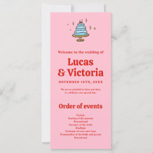 Whimsical Hand Drawn Red & Pink Wedding Program 