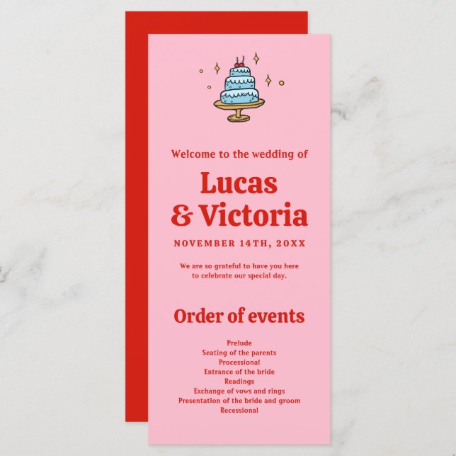 Whimsical Hand Drawn Red & Pink Wedding Programme (Devant / Derrière)