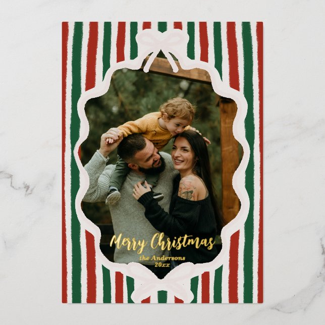 Whimsical Hand Drawn Retro Red Green Ribbon Bow Foil Holiday Card (Front)