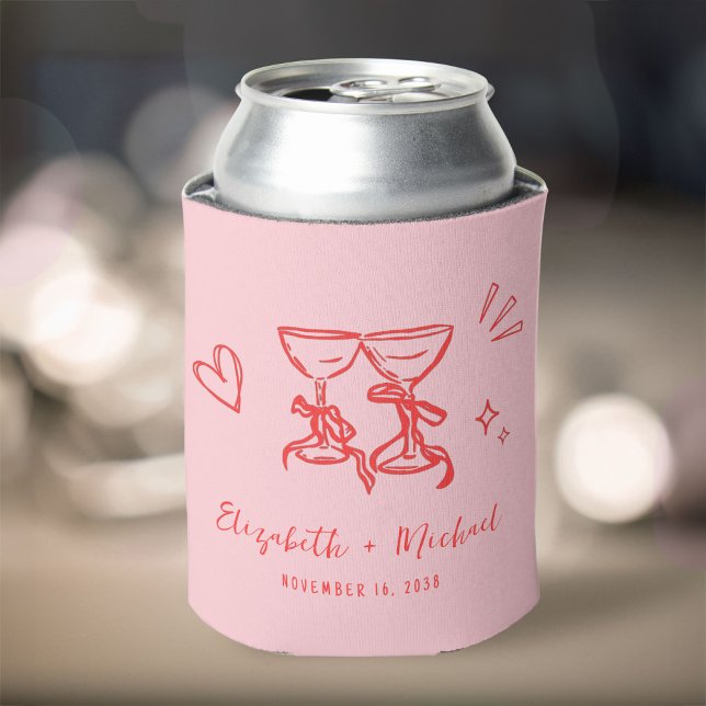 Whimsical Hand Drawn Romantic Pink Red Wedding Can Cooler (Whimsical Hand Drawn Romantic Pink Red Wedding Can Cooler)