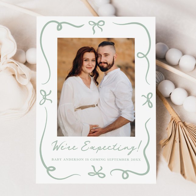 Whimsical Hand-Drawn Sage Green Bows Pregnancy Announcement (Creator Uploaded)