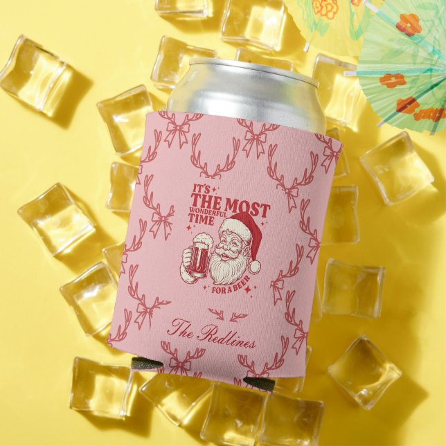 Whimsical Hand-Drawn Santa Christmas Can Cooler (In Situ Summer)