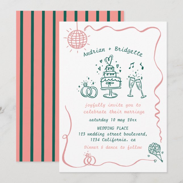 Whimsical Hand Drawn Scribble Wavy Frame Wedding Invitation (Front/Back)