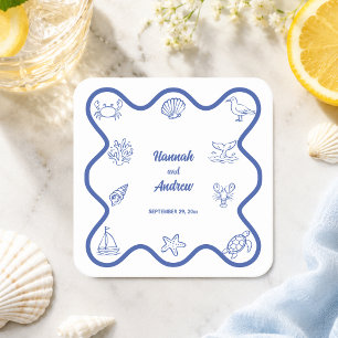 Whimsical Hand Drawn Sea Life Wedding Favour Square Paper Coaster