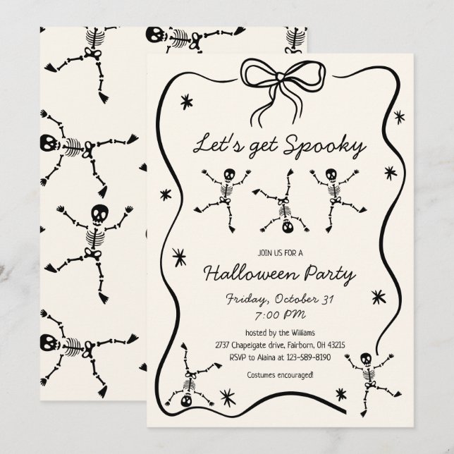 Whimsical Hand Drawn Skeleton Bow Frame Halloween  Invitation (Front/Back)