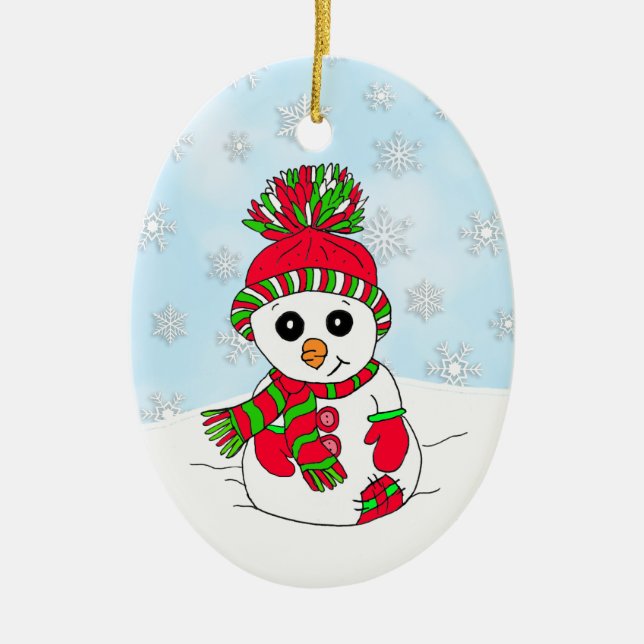 Whimsical Hand drawn Snowman  Snowy Day Christmas Ceramic Ornament (Front)
