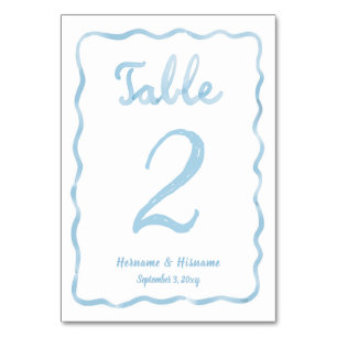 Whimsical Hand Drawn Wavy Light Blue White Table Number