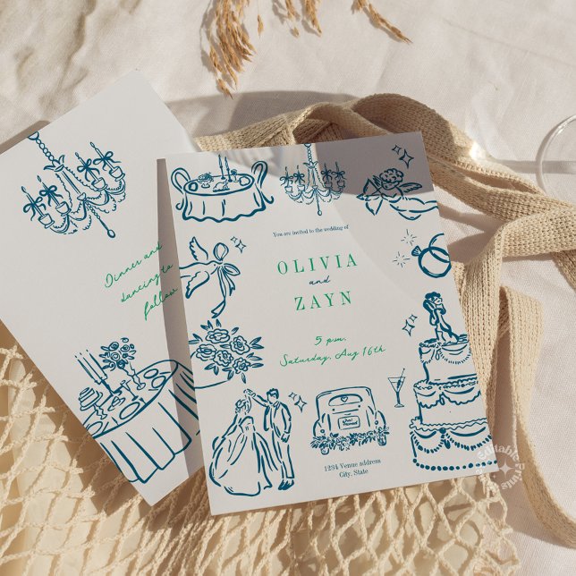 Whimsical Hand Drawn Wedding Invitation Blue  (Whimsical Hand Drawn Wedding Invitation Blue)