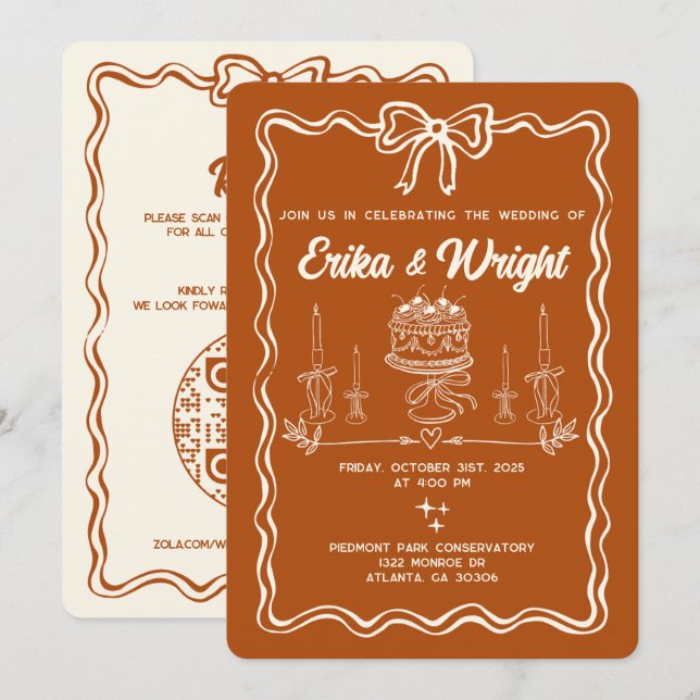 Whimsical Hand Drawn Wedding Invitation Cute Bows (Devant / Derrière)
