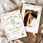 Whimsical Hand Drawn Wedding Photo Green Save The Date<br><div class="desc">Set the tone for your wedding with this whimsical hand-drawn save the date photo card! Featuring delicate, artistic details and a personalized photo, this design beautifully blends creativity and charm. The soft, elegant typography enhances the romantic theme, while the customizable details ensure it aligns perfectly with your special day. Ideal...</div>