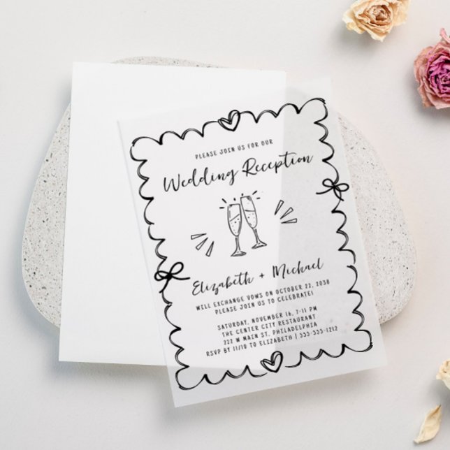 Whimsical Hand Drawn Wedding Reception Vellum Invitations (Elevate your wedding reception invitations with the timeless beauty of vellum overlays)