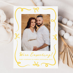 Whimsical Hand-Drawn Yellow Bows 2 Photo Pregnancy Announcement