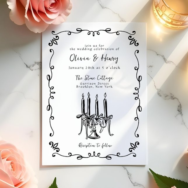 Whimsical Hand Lettered Bow Candelabra Wedding Invitation (Creator Uploaded)
