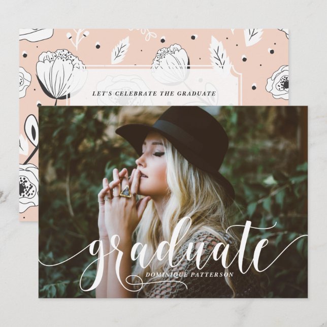 Whimsical Hand Lettered Floral Photo Graduation Invitation (Front/Back)