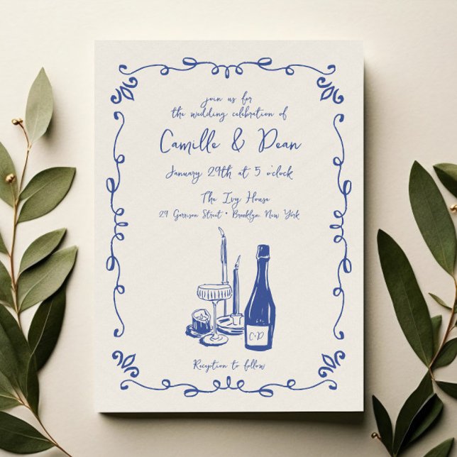 Whimsical Hand Lettered Illustrated Dinner Wedding Invitation (Creator Uploaded)