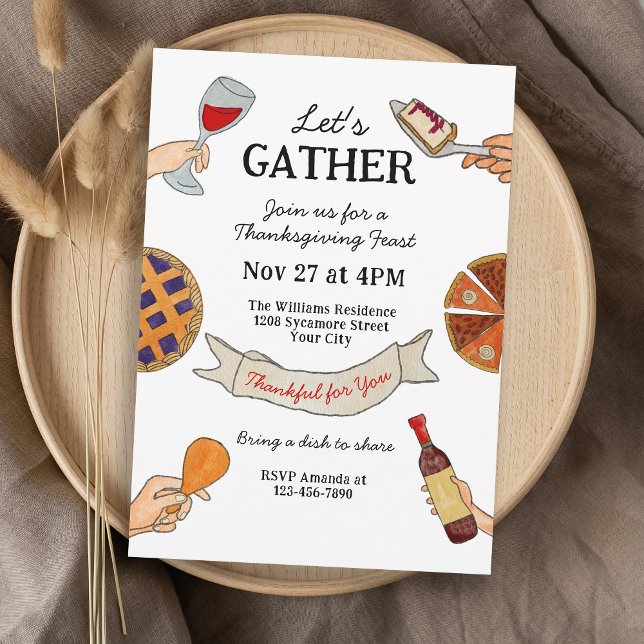 Whimsical Handdrawn Doodles Unique Thanksgiving Invitation (Available in both printed and instant download digital formats.)